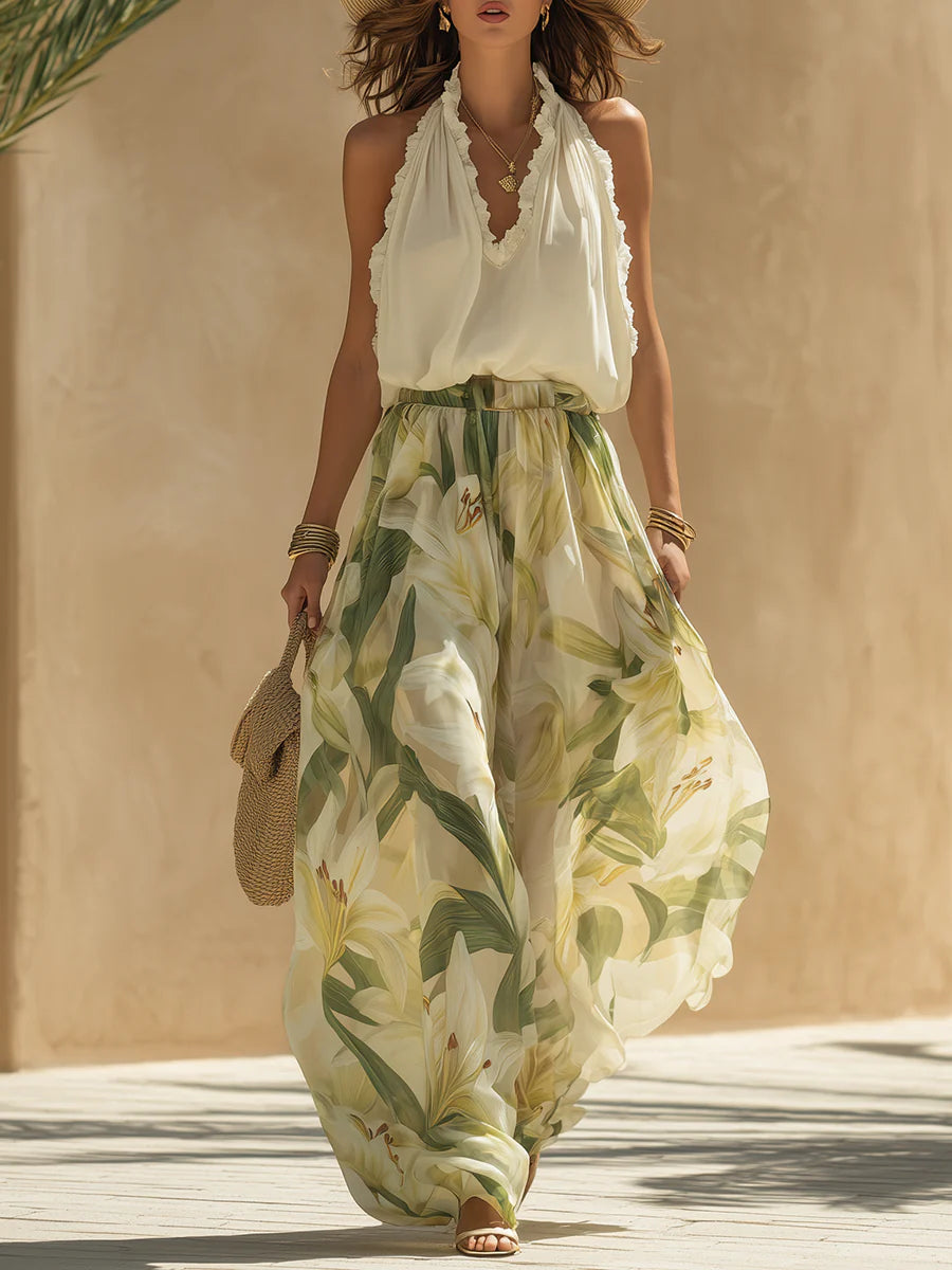 Chiffon Ruffled Top And Lily Print Pants Set