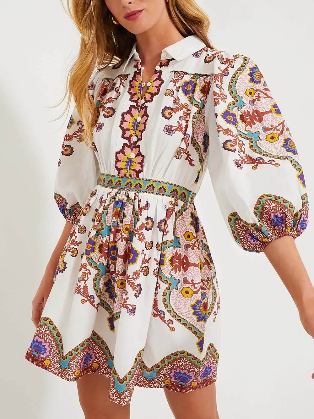Jenny - Puff Sleeve Pocketed Shirt Mini Dress