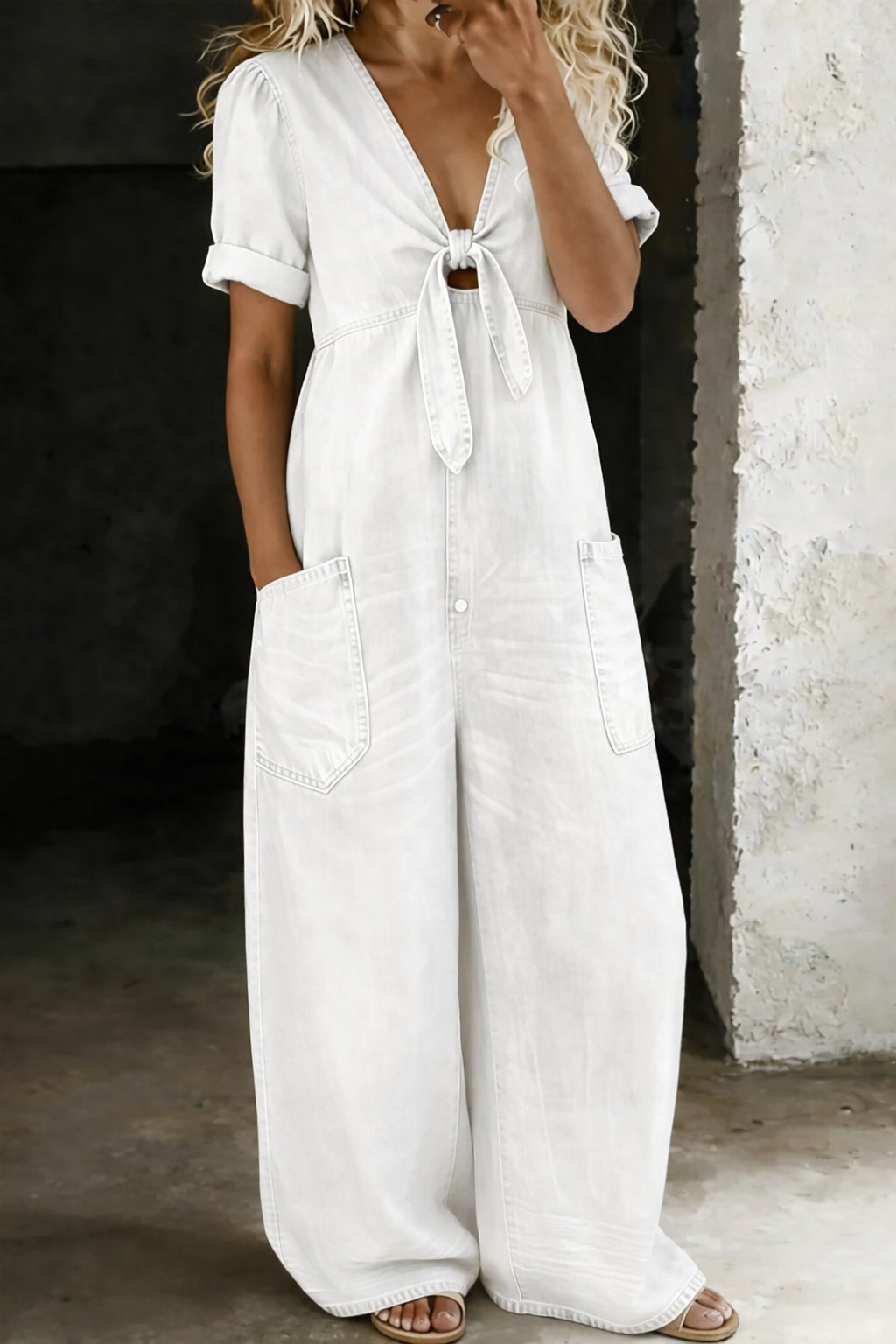 Maya | V-Neck Short Sleeve Denim Jumpsuit