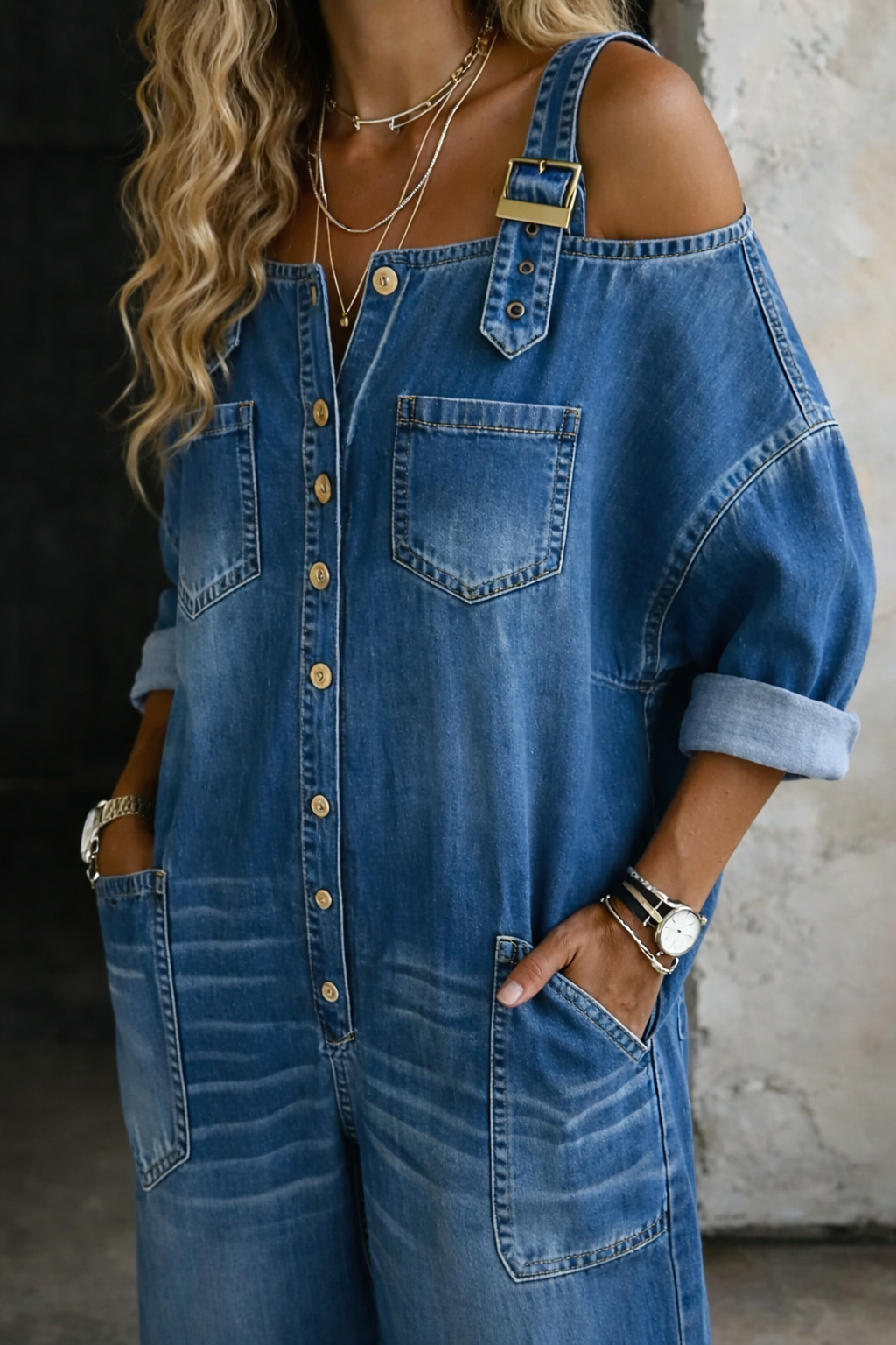 Sophia | Off-Shoulder Printed Denim Jumpsuit