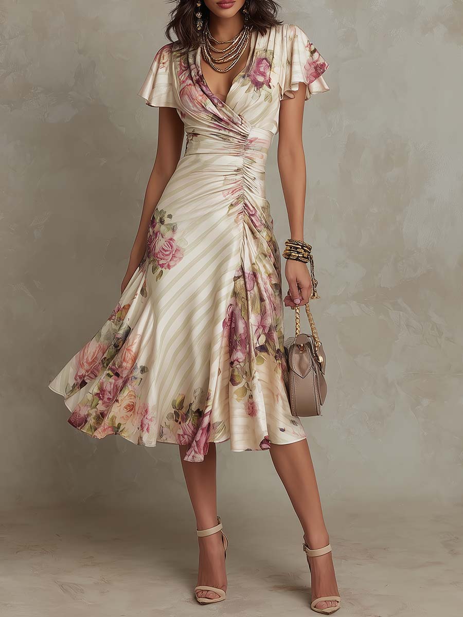 ESSENTIAL - Alba | Elegant Retro Floral Satin Midi Dress