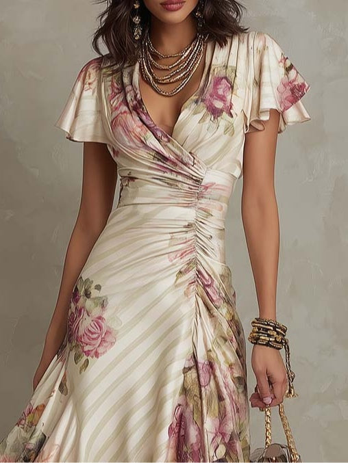 ESSENTIAL - Alba | Elegant Retro Floral Satin Midi Dress