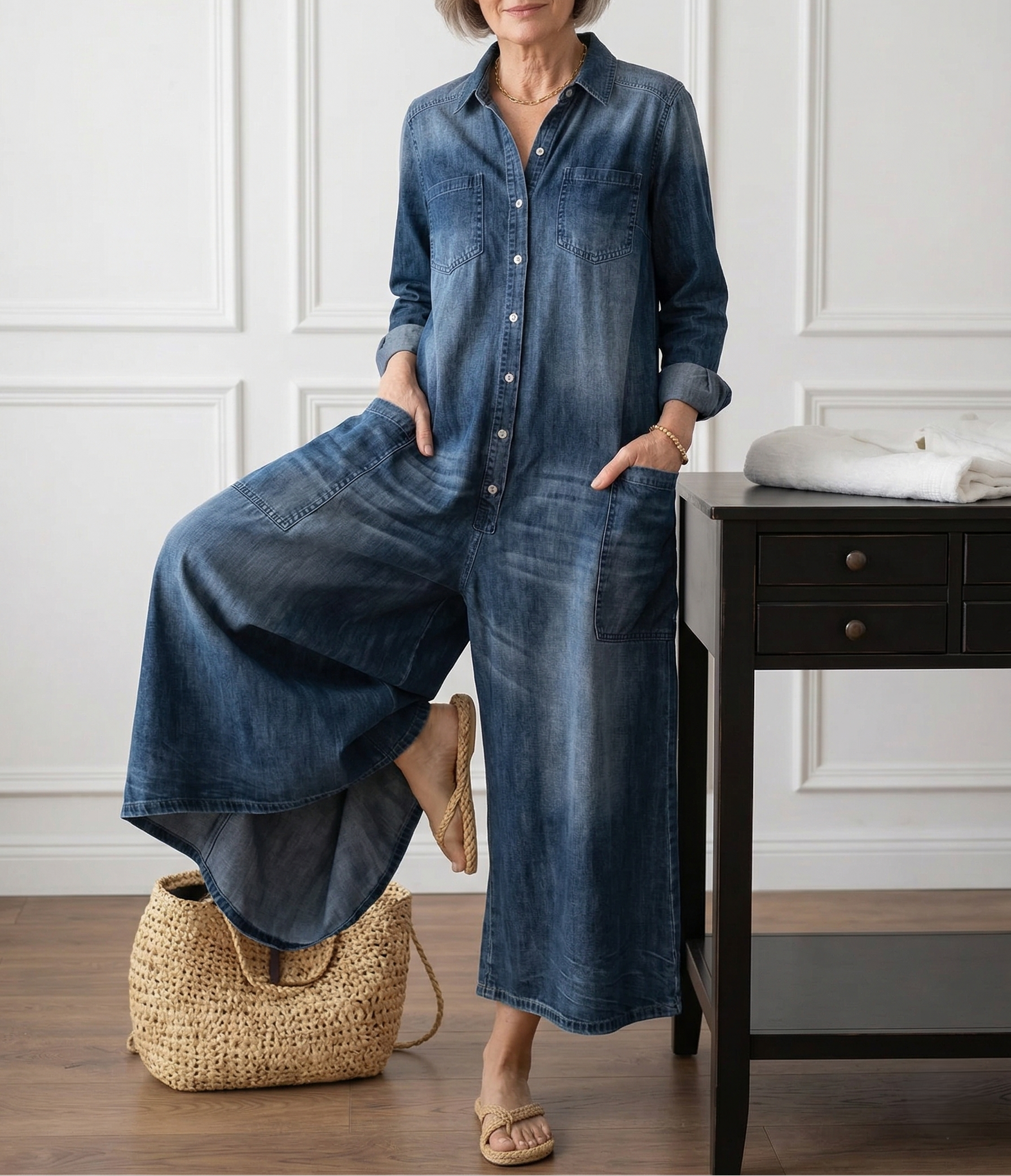 Diana | Vintage Washed Soft Cotton Feel Denim Jumpsuit with Button Closure