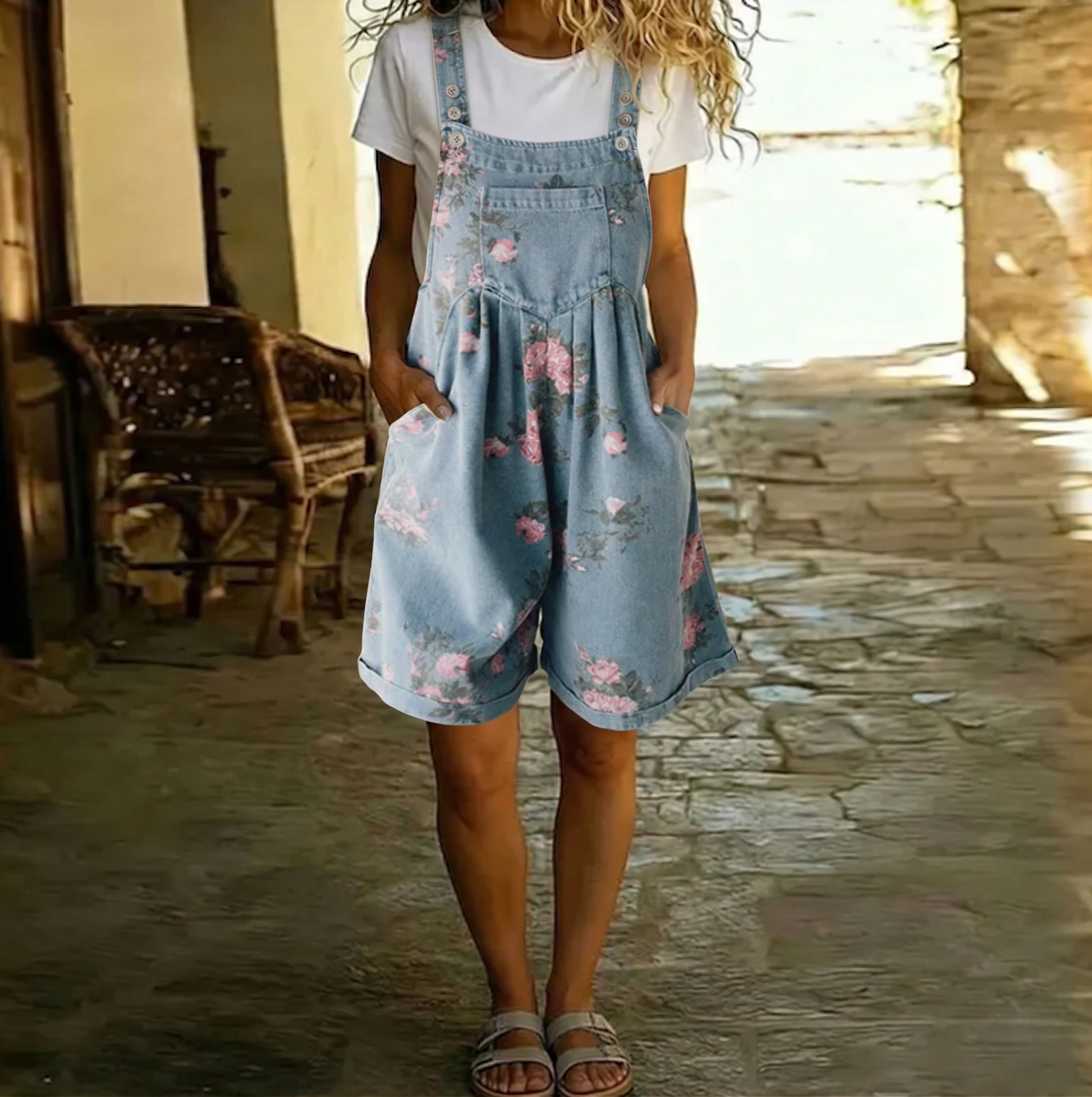Saylor - Vintage Washed Soft Cotton Feel Denim Floral Jumpsuit