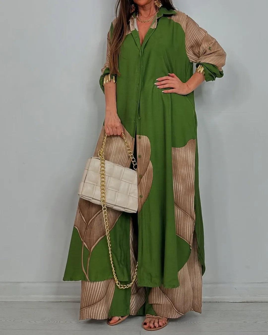 V-neck Patchwork Top and Pants Casual Set
