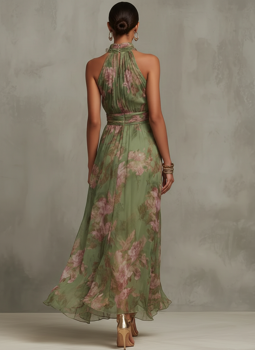 Serena ∙ Green Floral Chiffon Maxi Dress with Halter Neckline