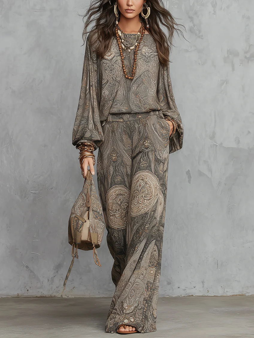 Grey Paisley Wide-Leg Set