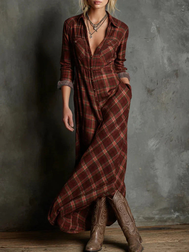 Livia™ | Long Dress with a Shirt Collar in Green Check