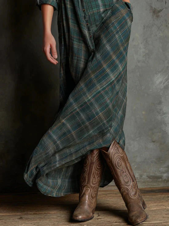 Livia™ | Long Dress with a Shirt Collar in Green Check