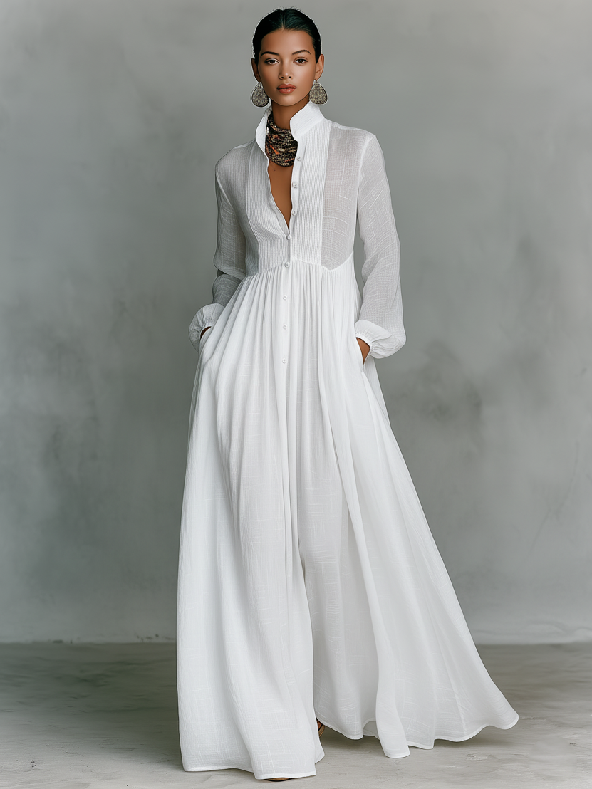 ESSENTIAL - Maxi Minimalist Dress in Cotton & Linen with Patchwork