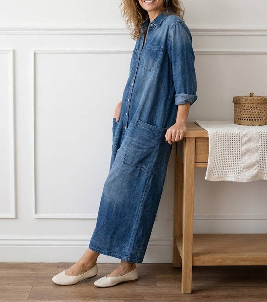 Diana | Vintage Washed Soft Cotton Feel Denim Jumpsuit with Button Closure