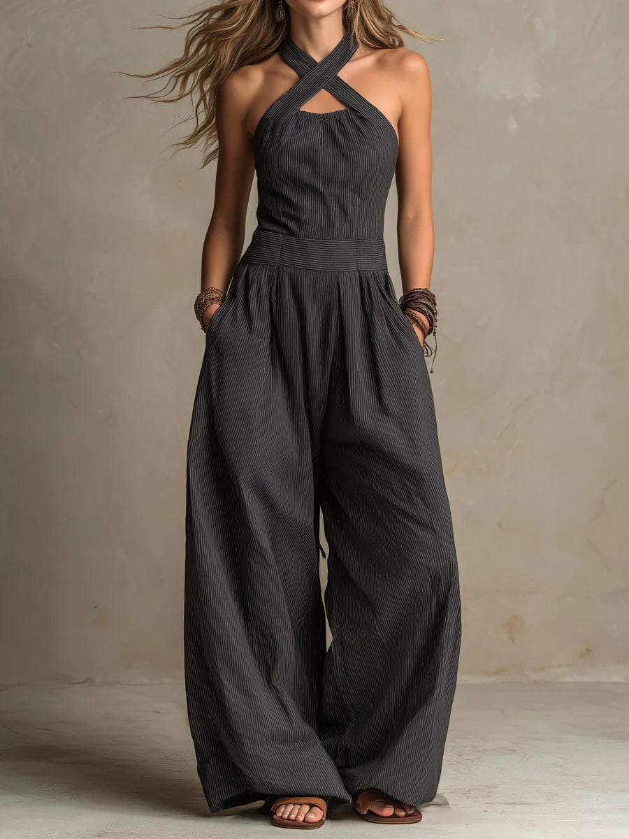 The Stella | Cross-Neck Halter Cotton-Linen Jumpsuit