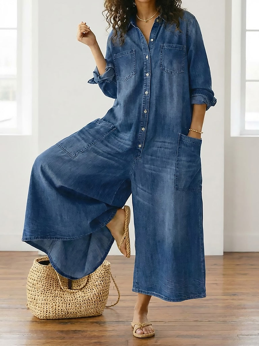 Diana | Vintage Washed Soft Cotton Feel Denim Jumpsuit with Button Closure
