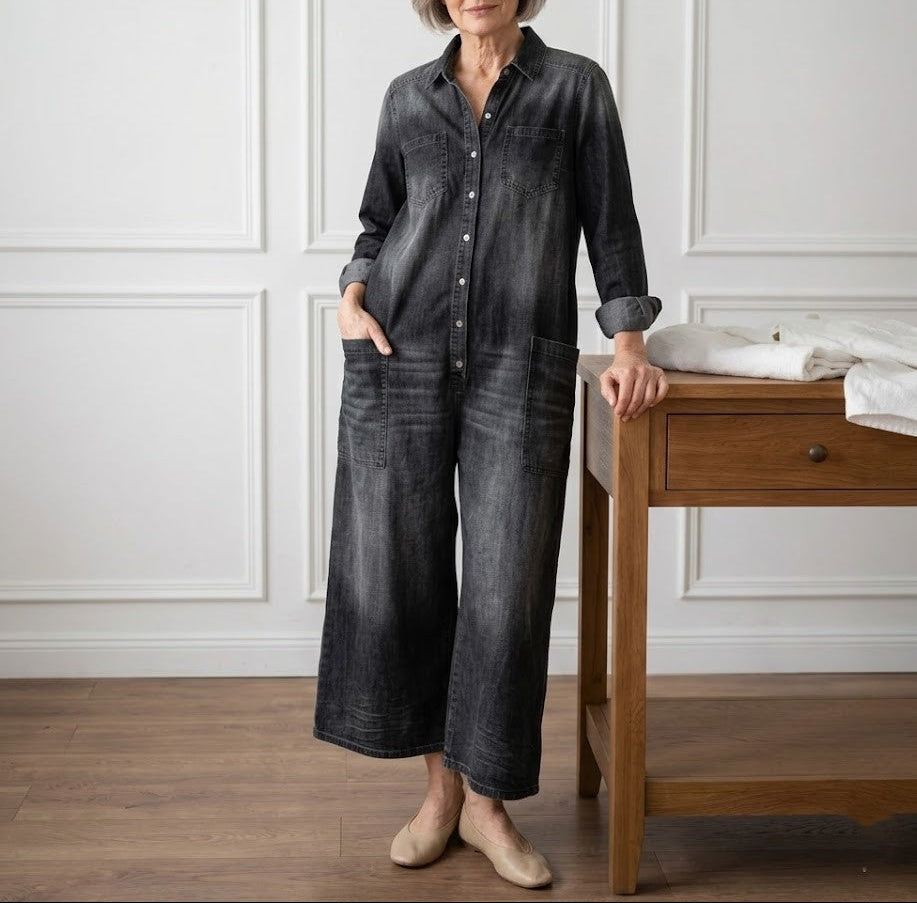Diana | Vintage Washed Soft Cotton Feel Denim Jumpsuit with Button Closure