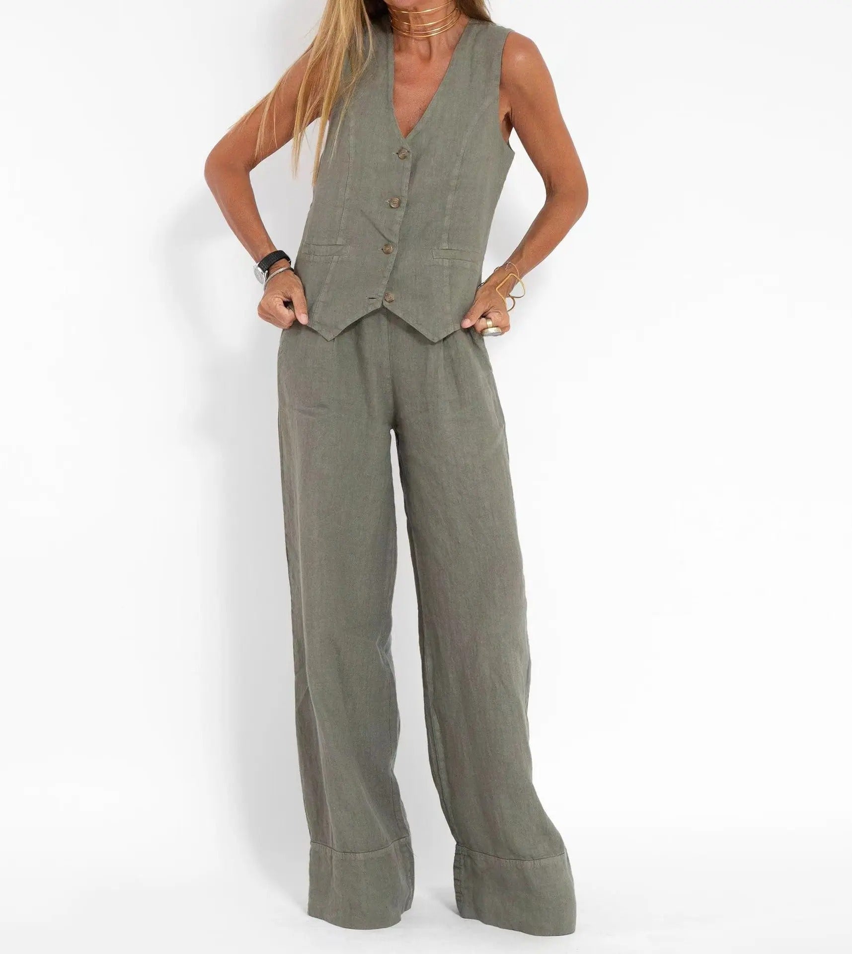 Tailored Vest & Wide-Leg Cotton Set