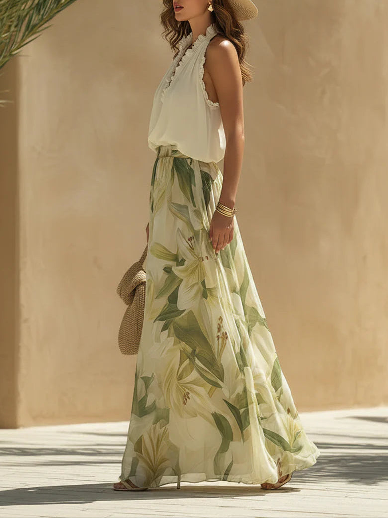 Chiffon Ruffled Top And Lily Print Pants Set