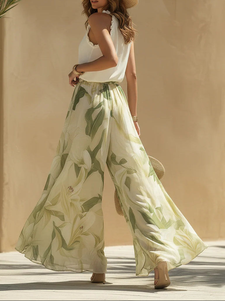 Chiffon Ruffled Top And Lily Print Pants Set