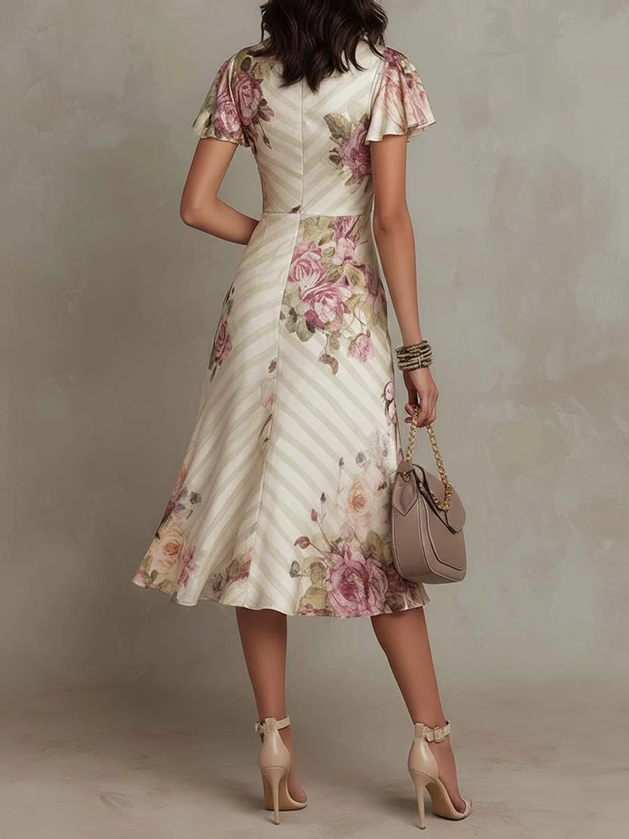 ESSENTIAL - Alba | Elegant Retro Floral Satin Midi Dress