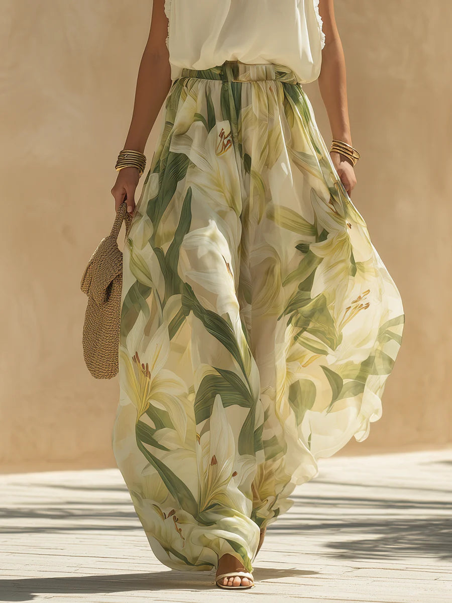 Chiffon Ruffled Top And Lily Print Pants Set