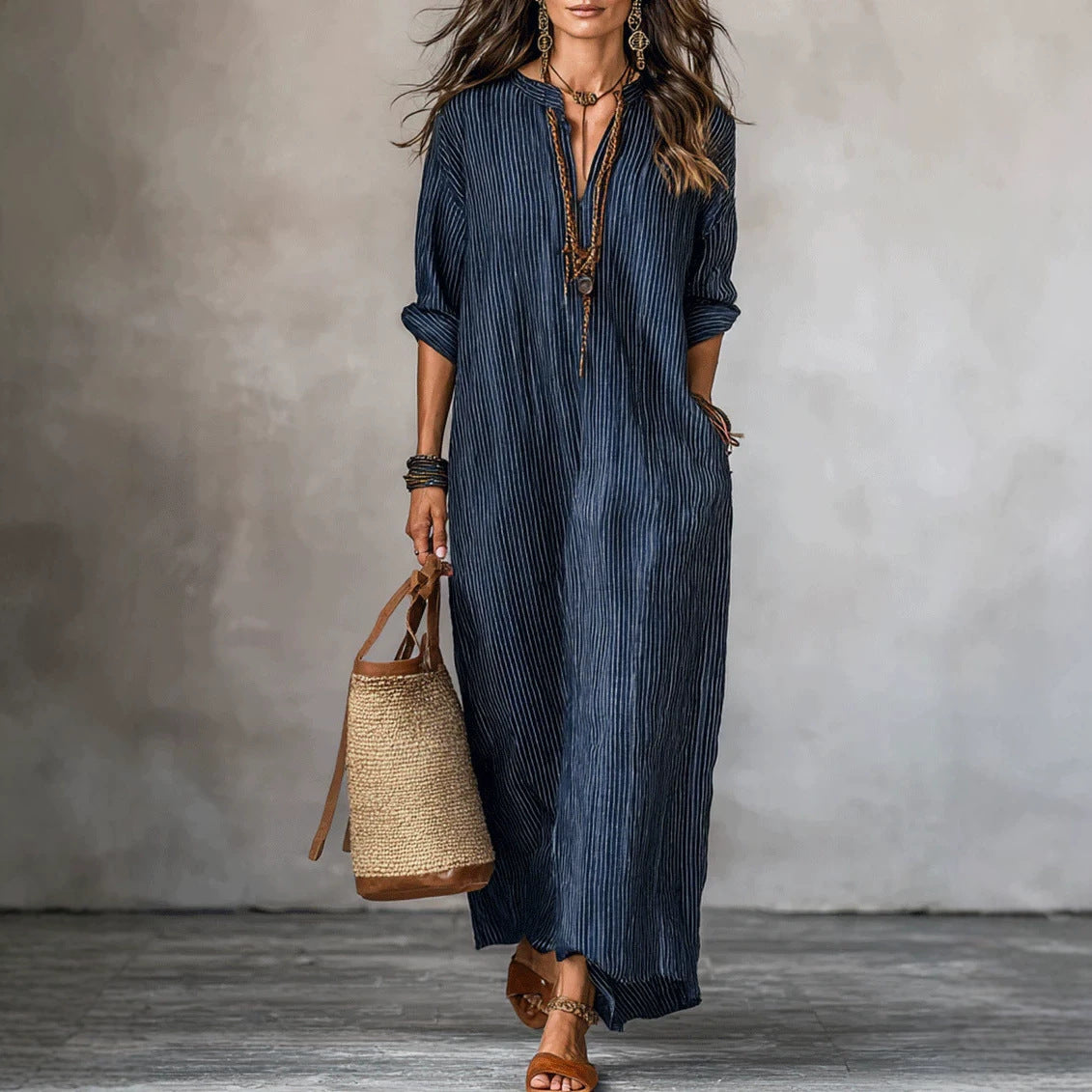 HAVEN | Long Sleeve Maxi Dress V-Neck Striped Style with Side Pockets