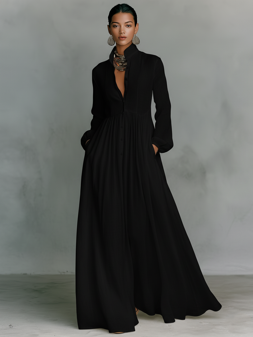 ESSENTIAL - Maxi Minimalist Dress in Cotton & Linen with Patchwork