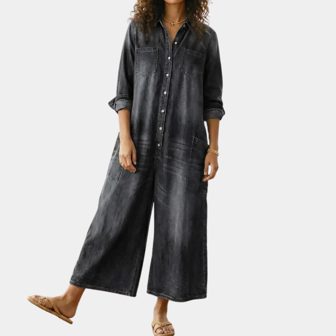 Diana | Vintage Washed Soft Cotton Feel Denim Jumpsuit with Button Closure