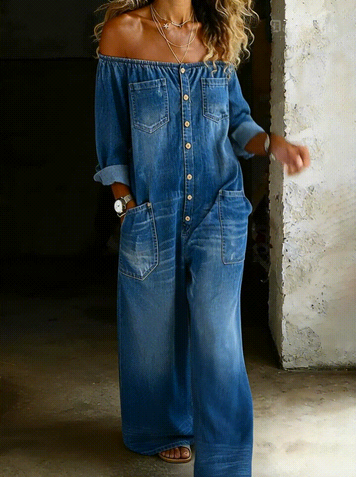 Elena | Off-Shoulder Long Sleeve Denim Jumpsuit