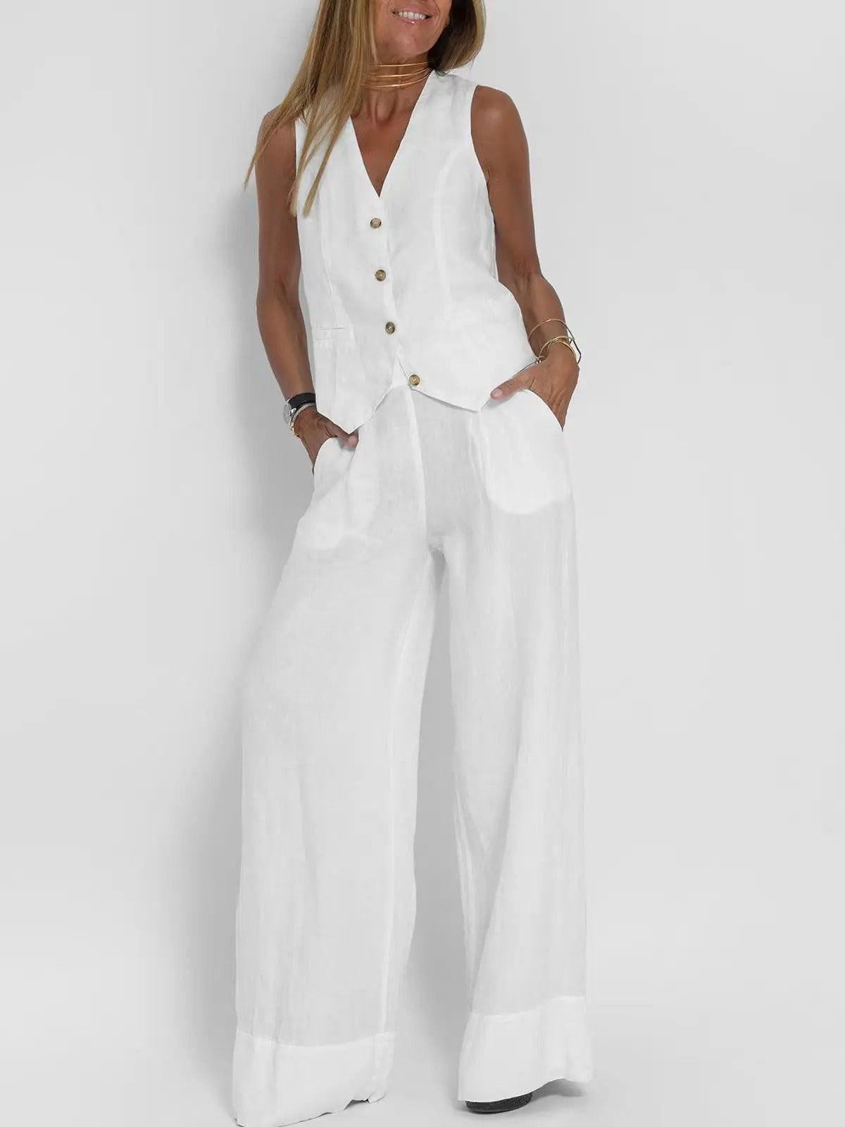 Tailored Vest & Wide-Leg Cotton Set