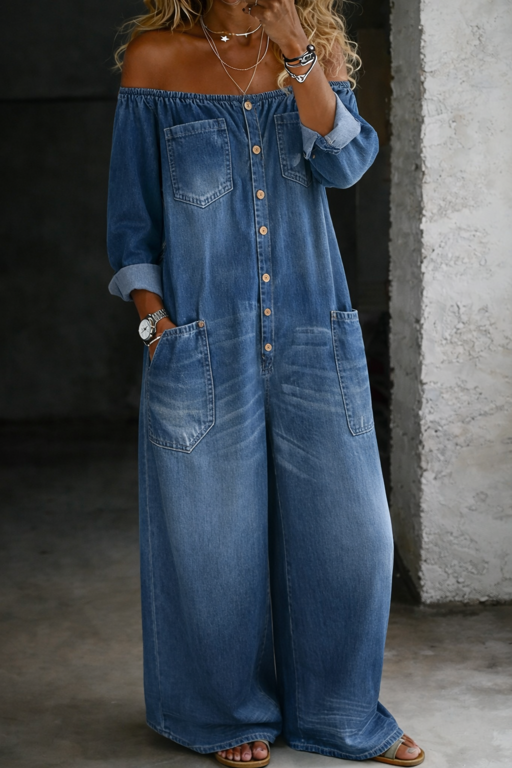 Elena | Off-Shoulder Long Sleeve Denim Jumpsuit