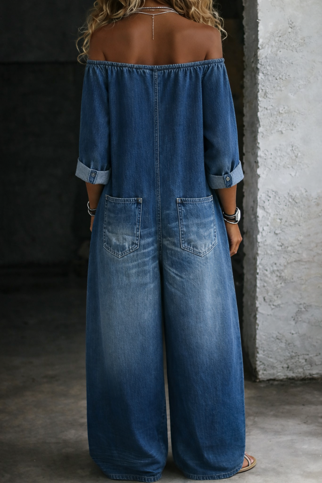 Elena | Off-Shoulder Long Sleeve Denim Jumpsuit