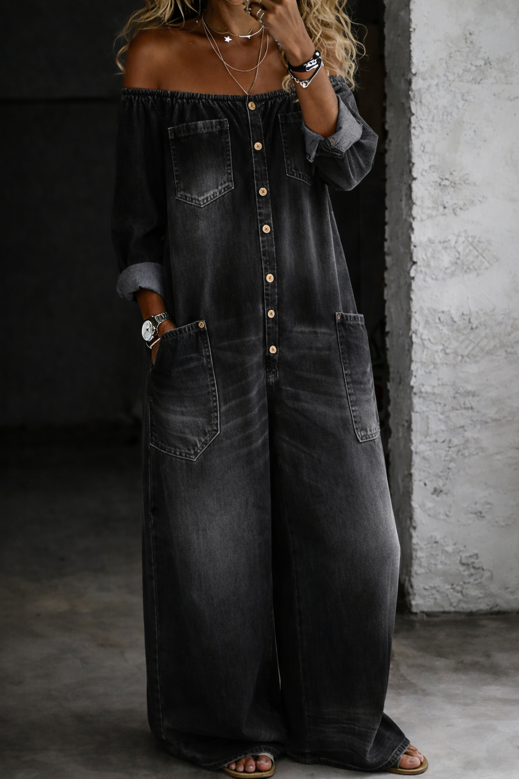 Elena | Off-Shoulder Long Sleeve Denim Jumpsuit