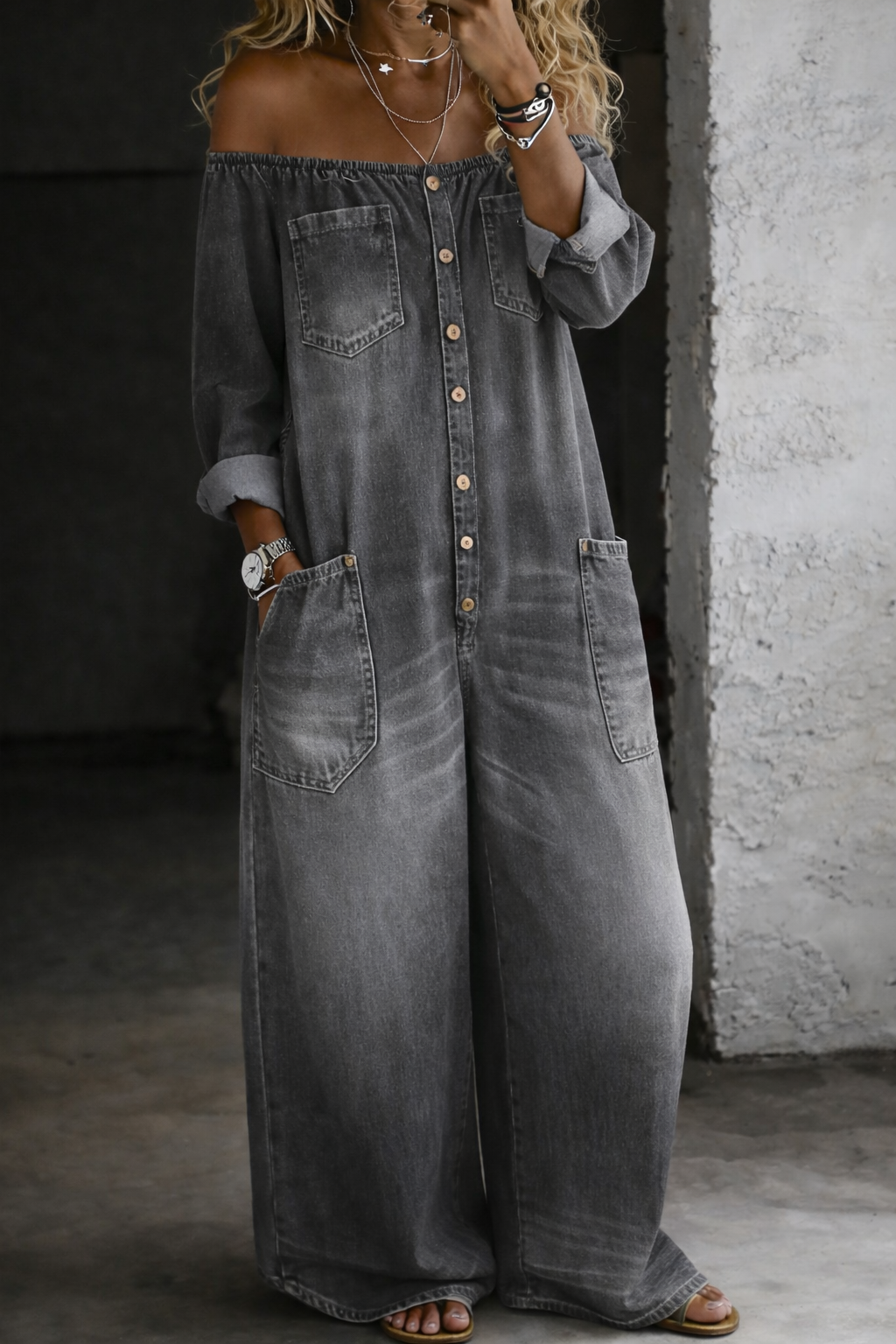 Elena | Off-Shoulder Long Sleeve Denim Jumpsuit