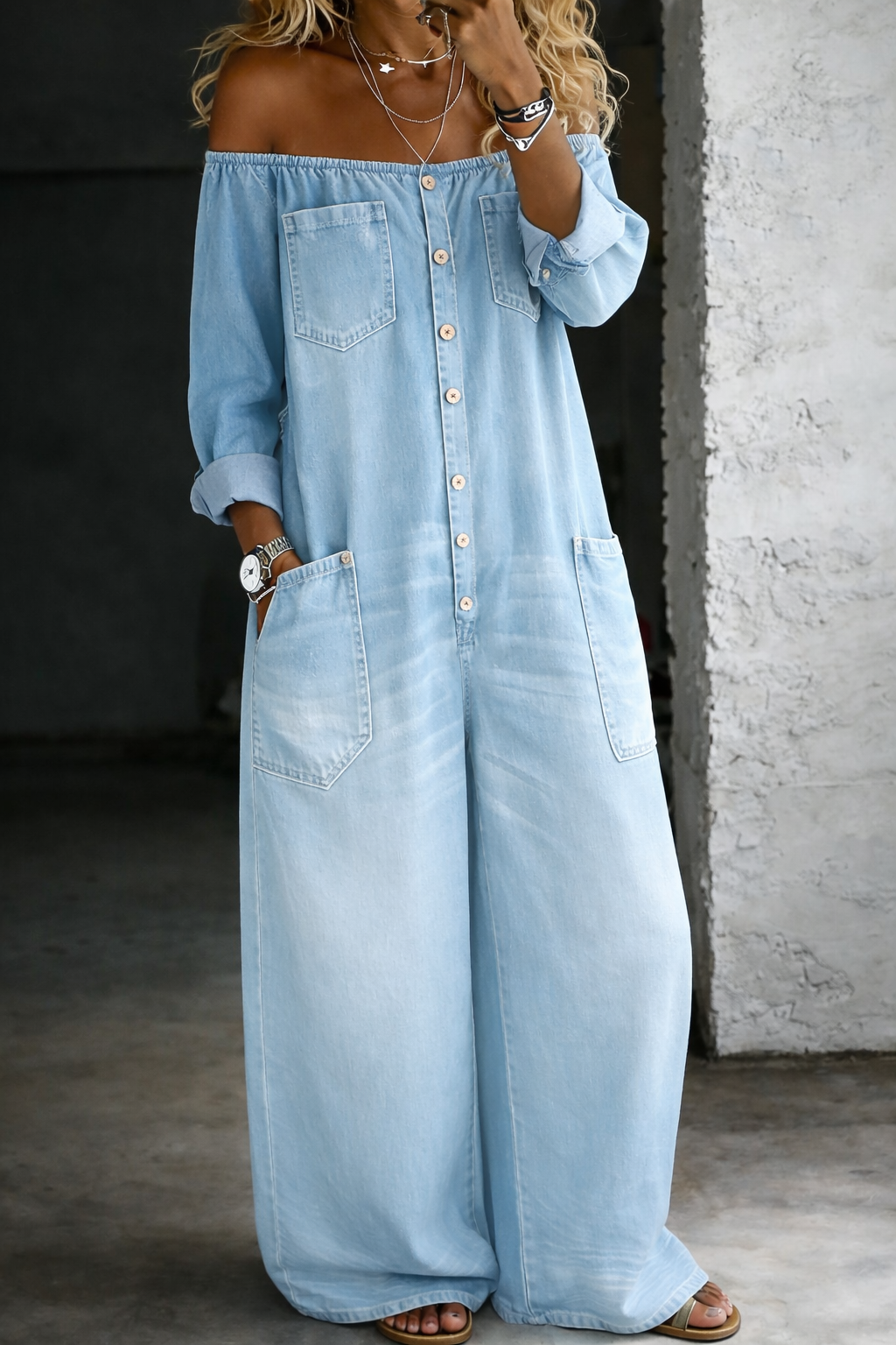 Elena | Off-Shoulder Long Sleeve Denim Jumpsuit