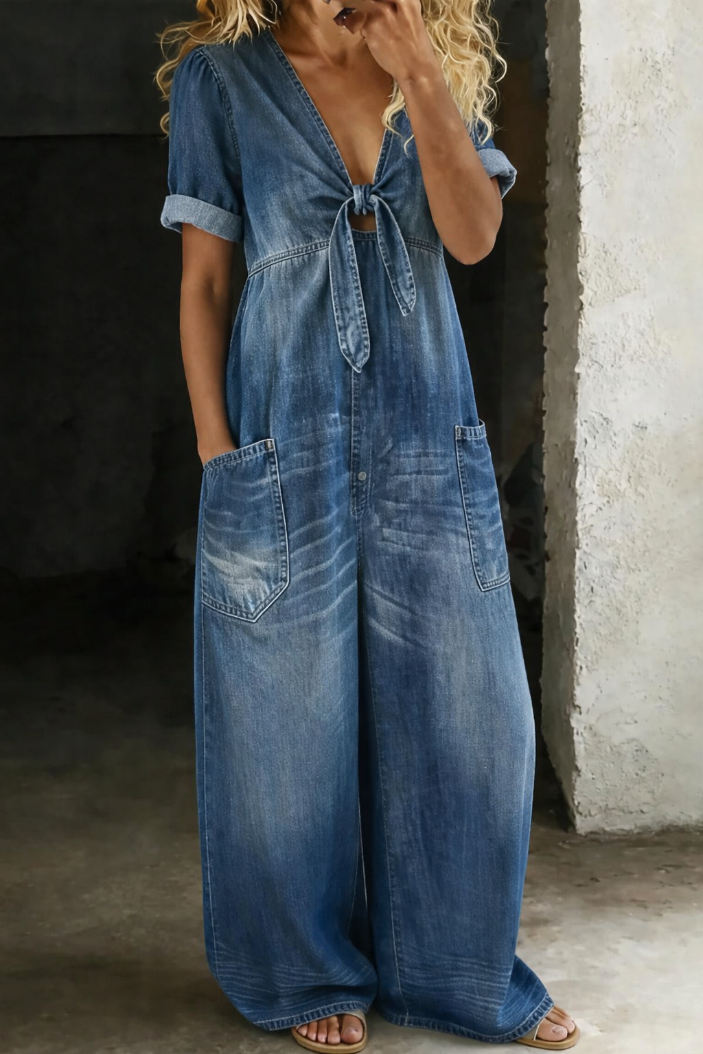 Maya | V-Neck Short Sleeve Denim Jumpsuit