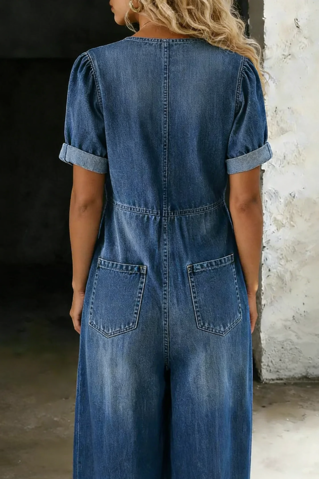 Maya | V-Neck Short Sleeve Denim Jumpsuit