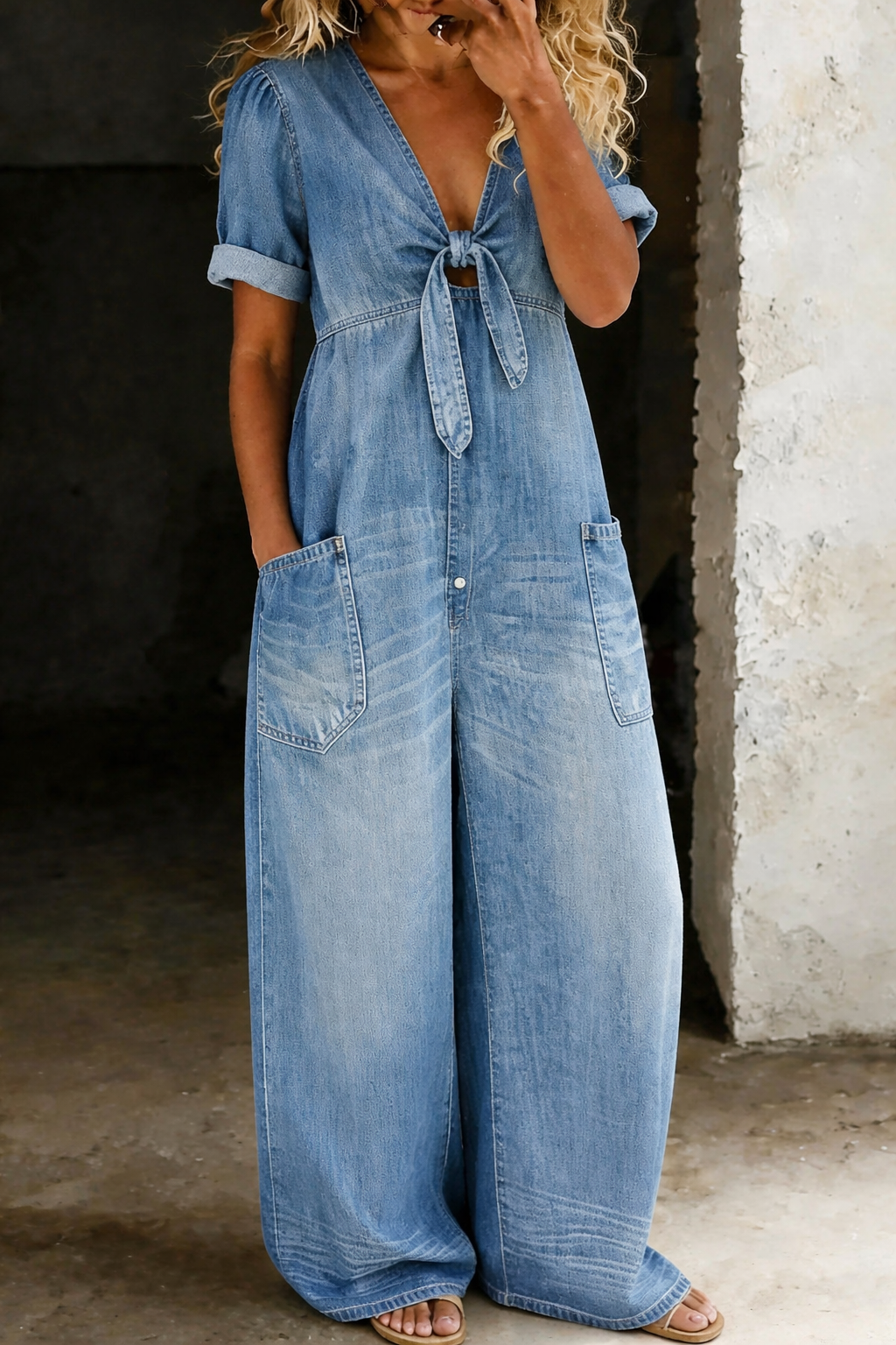 Maya | V-Neck Short Sleeve Denim Jumpsuit