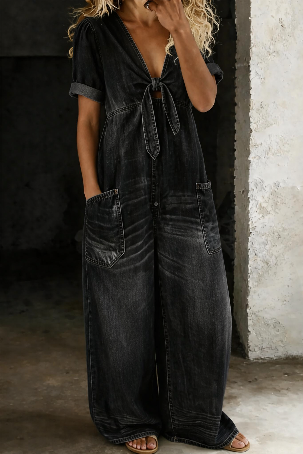 Maya | V-Neck Short Sleeve Denim Jumpsuit