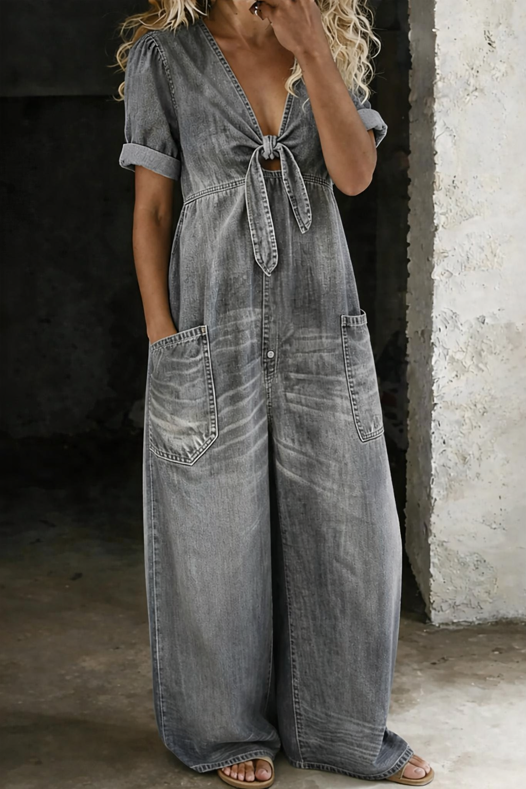 Maya | V-Neck Short Sleeve Denim Jumpsuit