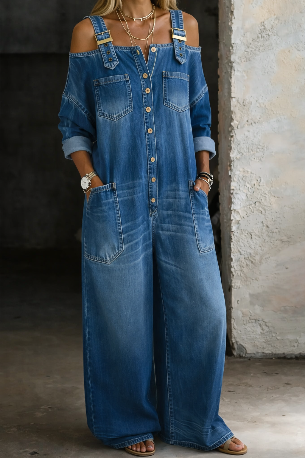 Sophia | Off-Shoulder Printed Denim Jumpsuit