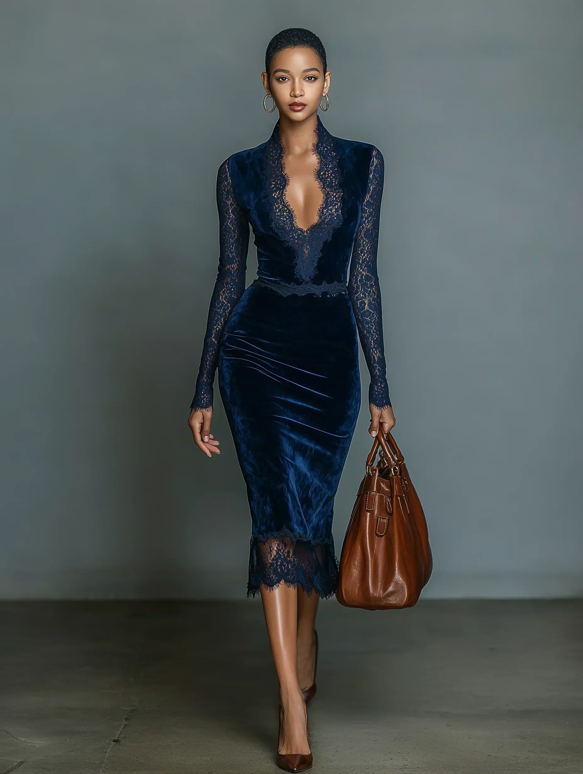 Elegant & Fashionable Dark Blue Velvet Slim-Fit Midi Dress