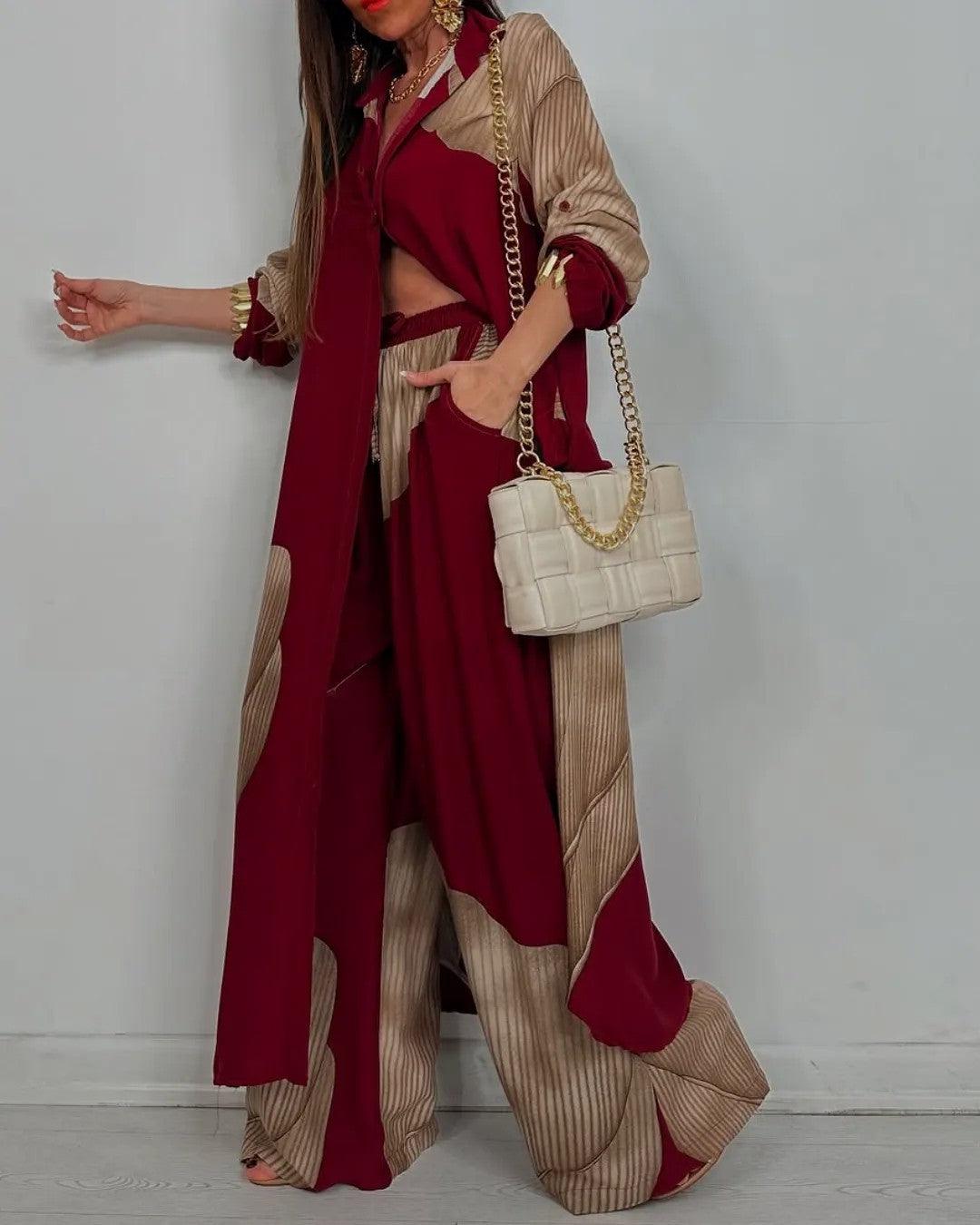 V-neck Patchwork Top and Pants Casual Set