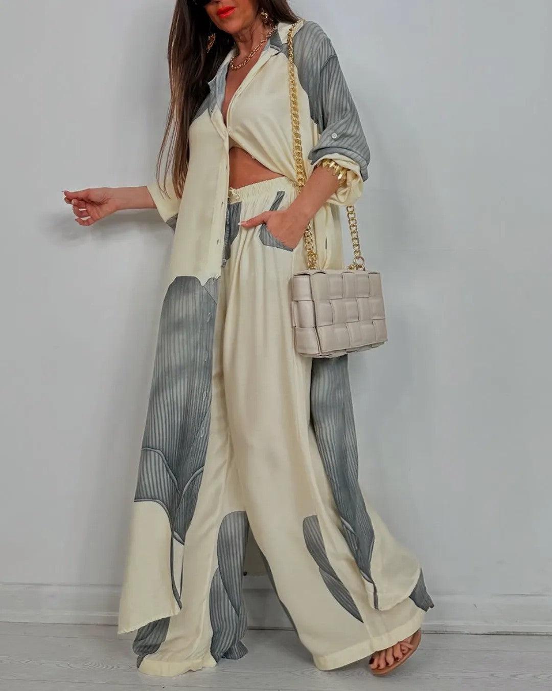 V-neck Patchwork Top and Pants Casual Set