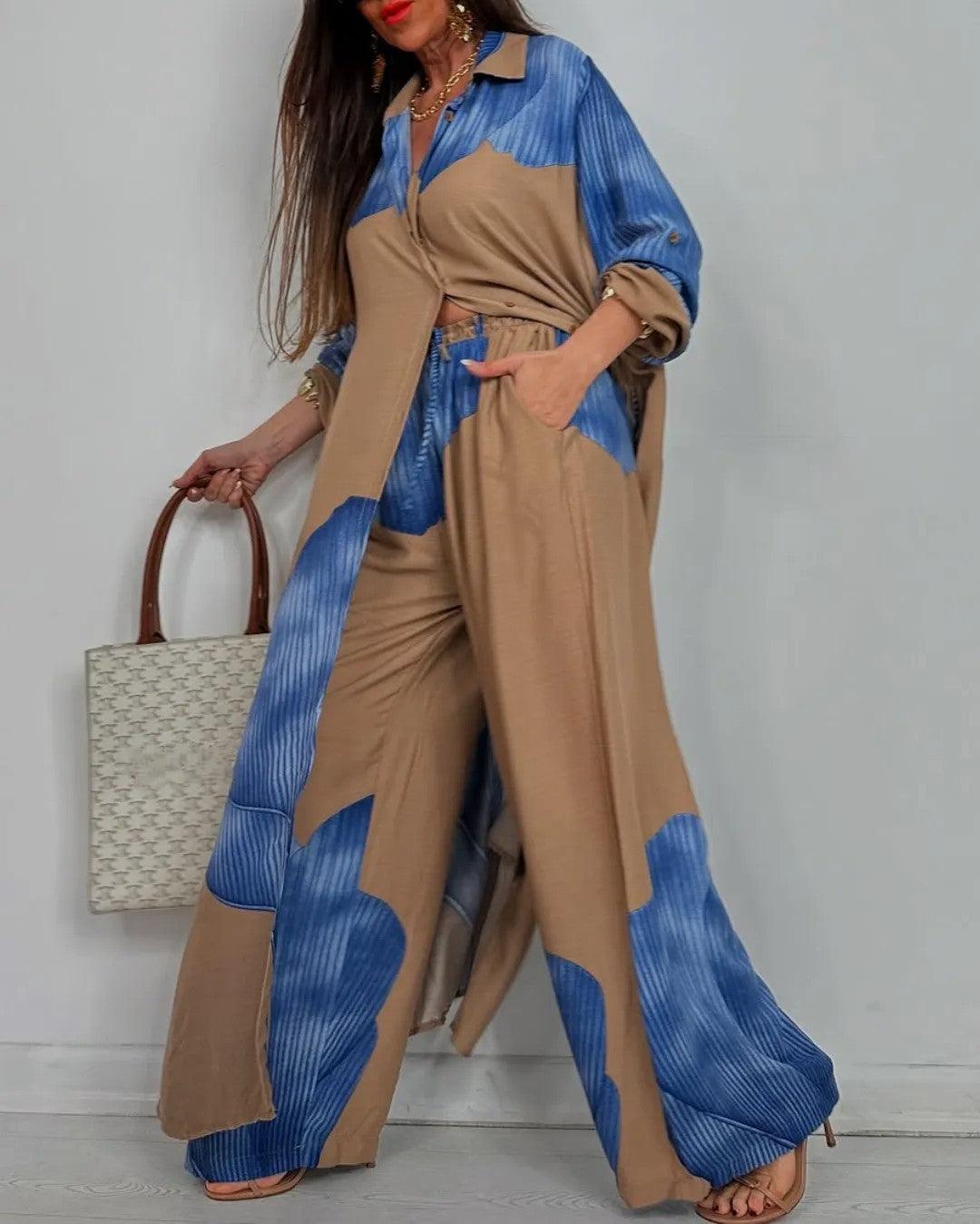 V-neck Patchwork Top and Pants Casual Set
