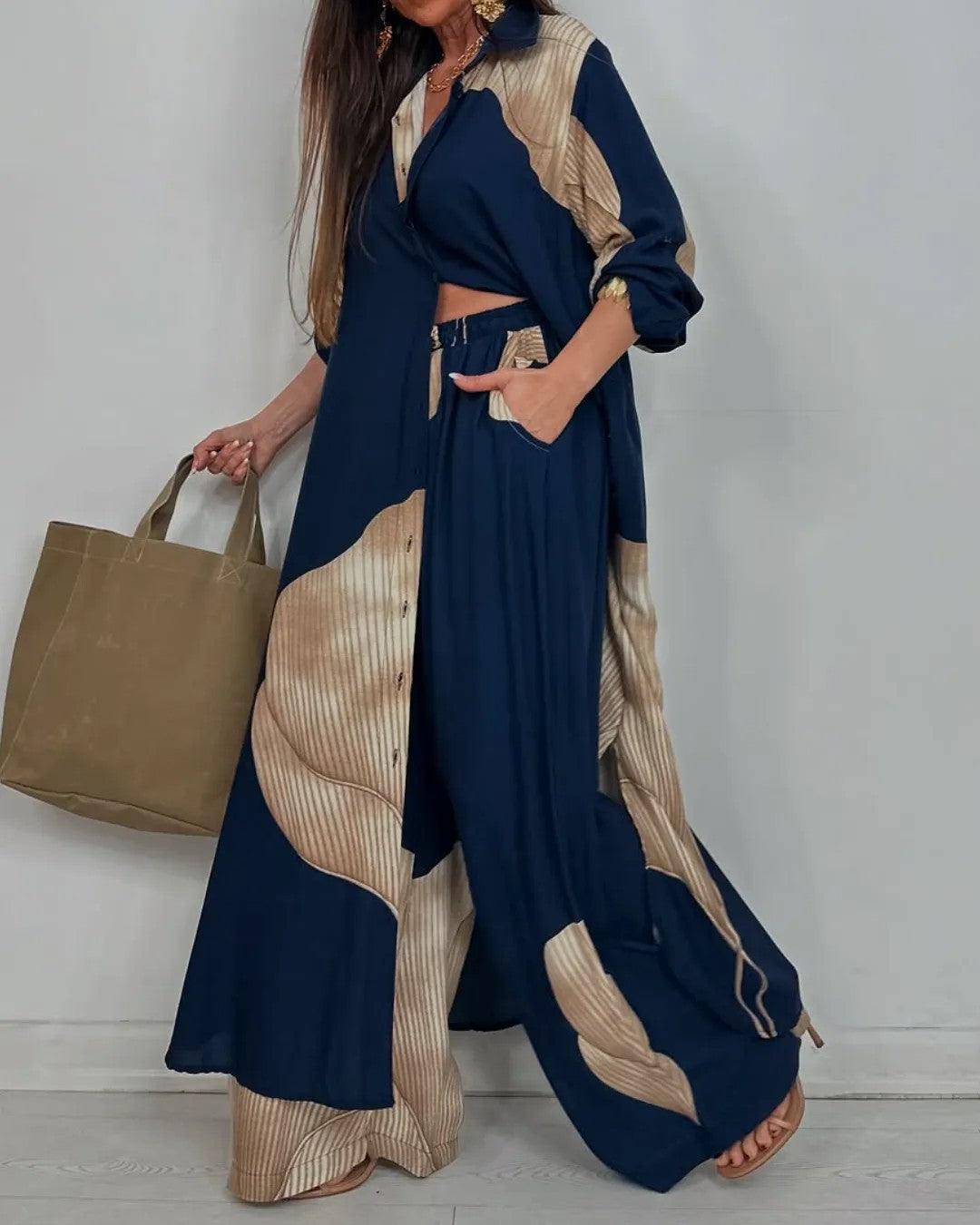 V-neck Patchwork Top and Pants Casual Set