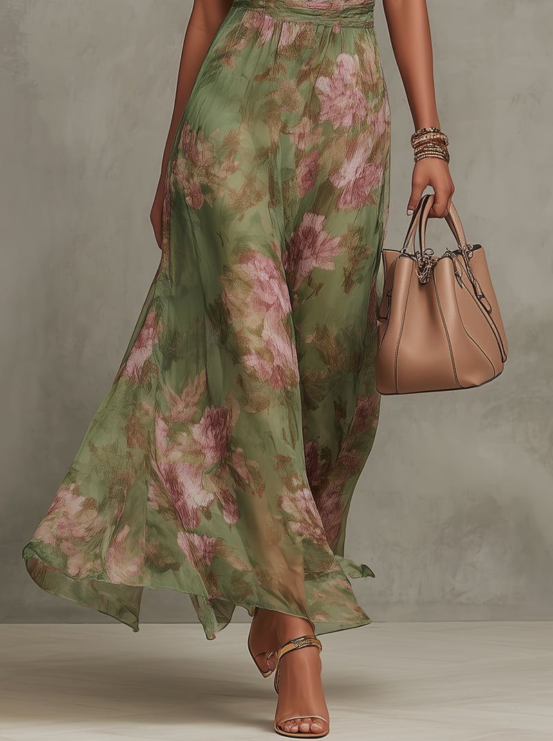 Serena ∙ Green Floral Chiffon Maxi Dress with Halter Neckline