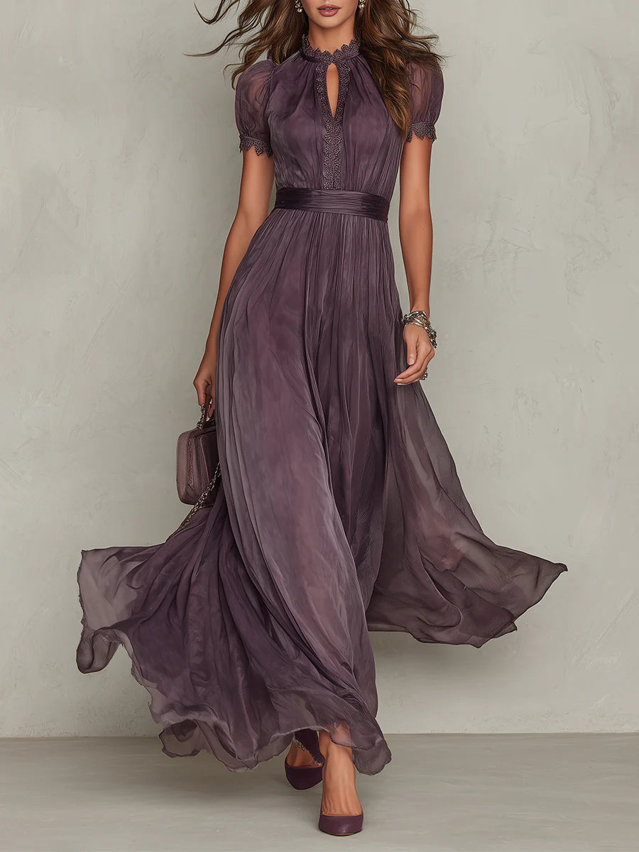 Flavia | Long Purple Dress with Keyhole Neckline & Chiffon Lace Trim