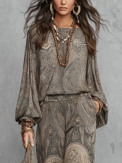 Grey Paisley Wide-Leg Set