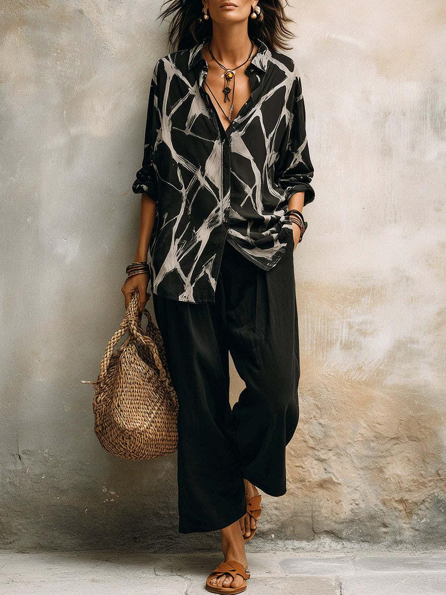 Black Abstract Wide-Leg Set