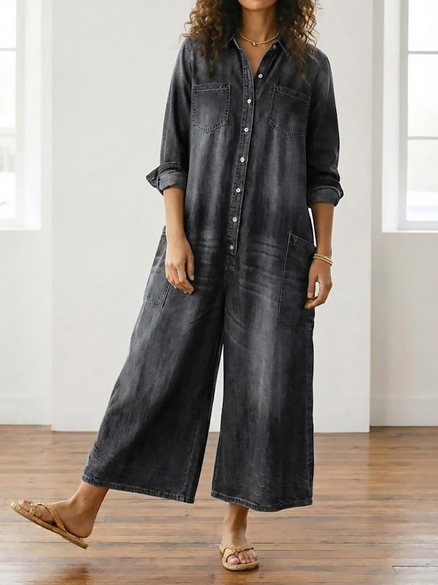 Diana | Vintage Washed Soft Cotton Feel Denim Jumpsuit with Button Closure