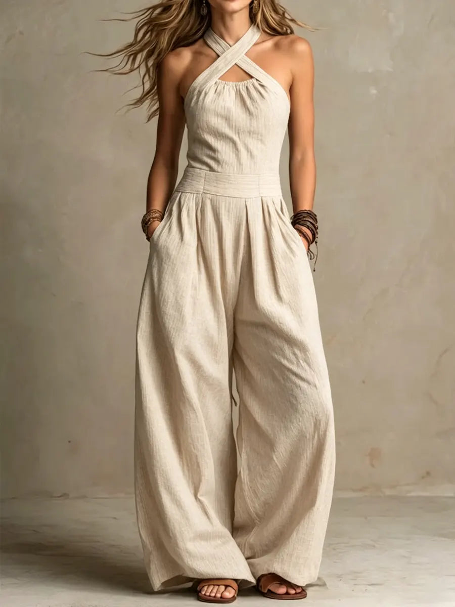 The Stella | Cross-Neck Halter Cotton-Linen Jumpsuit